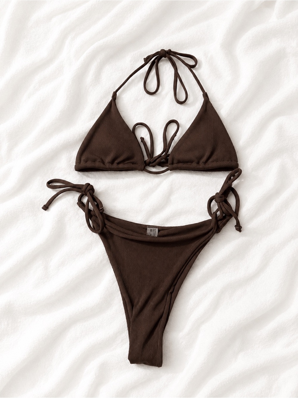 SHEIN Chocolate Brown Ribbed Tie-Side Triangle Bikini Set